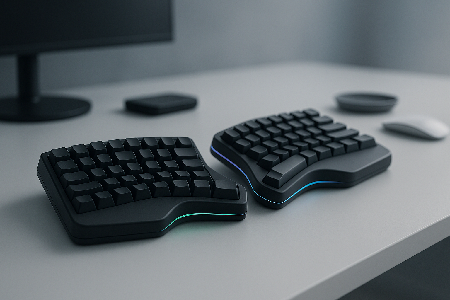 A sleek, modern background image featuring a custom ergonomic split keyboard on a clean desk setup. The keyboard should be the centerpiece, with subtle glowing accents highlighting its split layout and ergonomic curves. The environment should feel professional and minimalistic, with soft lighting and a blurred gradient background that ensures text placed over it remains clear and readable. Style should be photo-realistic, with a premium tech aesthetic suitable for a product website hero banner.